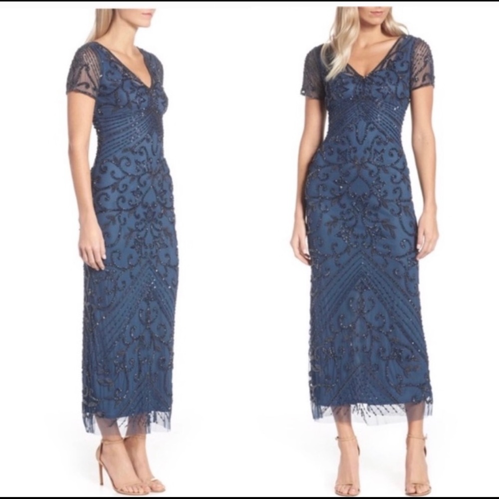 NWOT PISARRO NIGHTS Beaded Mesh Column Gown 2